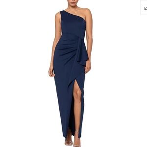 AQUA Ruffled One Shoulder Scuba Gown Size 6 ,12 Navy Women’s